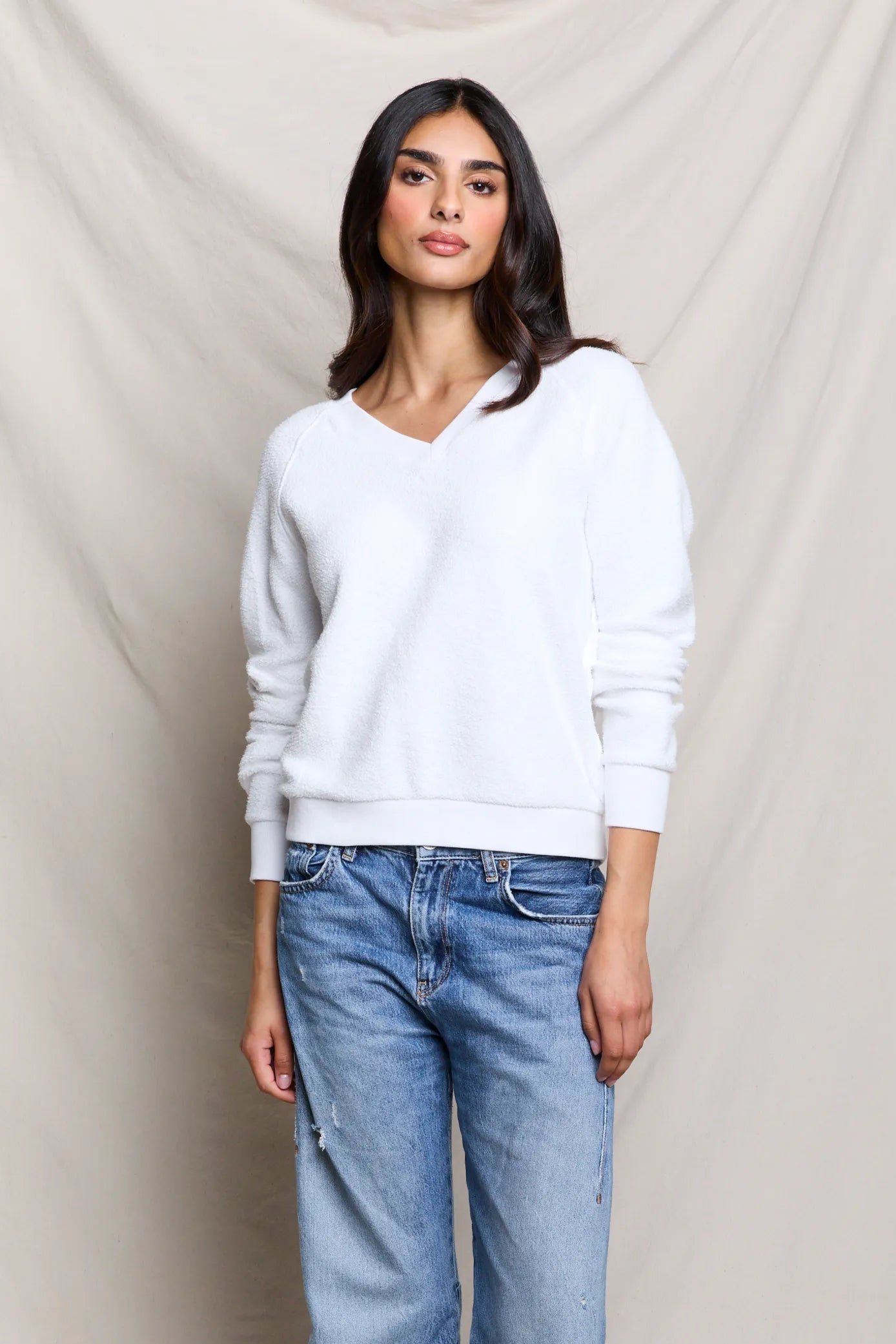 ziggy v-neck | reverse fleece v-neck sweatshirt | perfectwhitetee