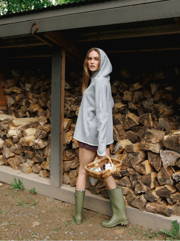 perfectwhitetee mimi hoodie, relaxed hoodie. girl walking wearing hoodie.