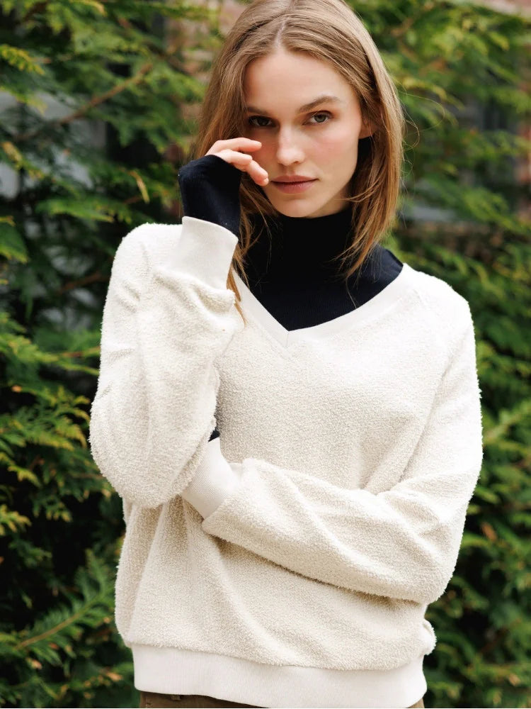 prefectwhitetee new_textured layers - lady in ziggy vneck sweatshirt layered with tati