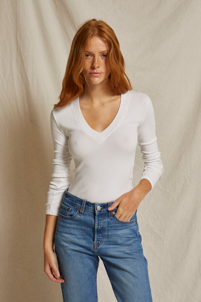 So Essential Ribbed V Neck Long Sleeve Top - Pure White