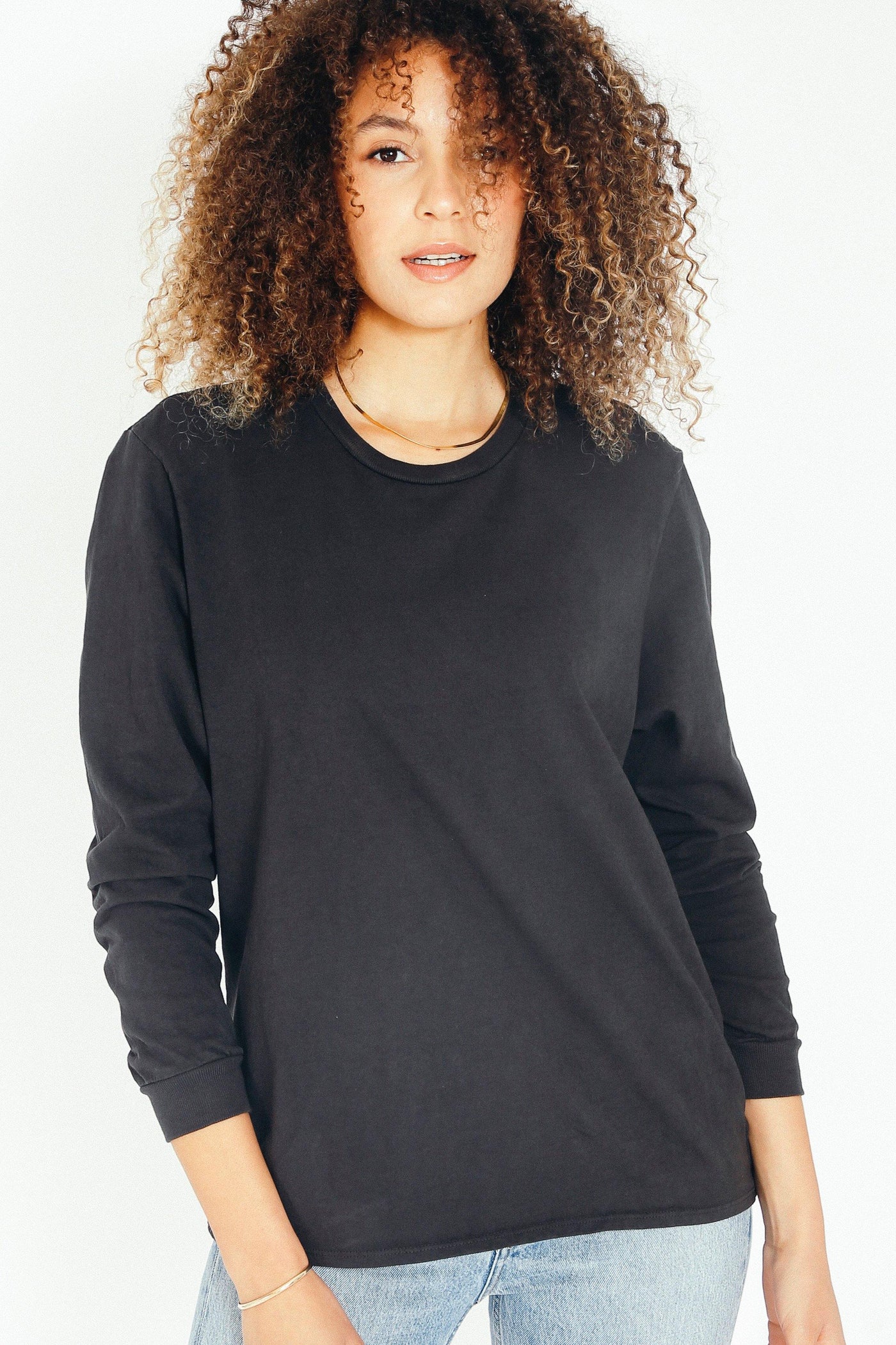 This is the perfect long sleeve cotton tee. Available in several colors (pictured in Vintage Black). Buy now!  Edit alt text